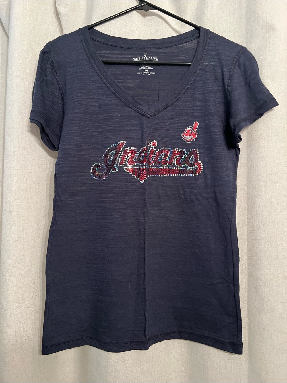 Women's Navy V-Neck 'Indians' Sequins Tee